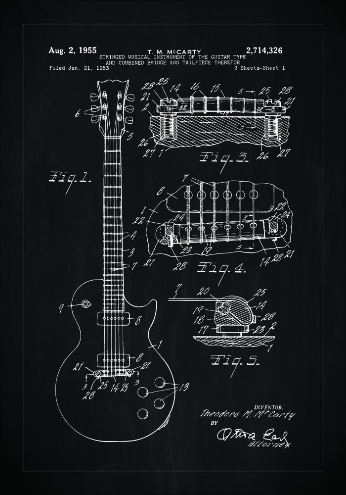 Patentinis brėžinys - Elektrinė gitara viduje - Juodas Įrašai