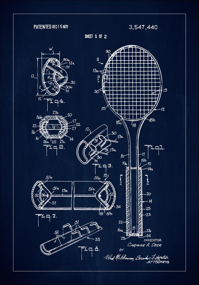 Patent Print - Tennis Racket - Blue Įrašai