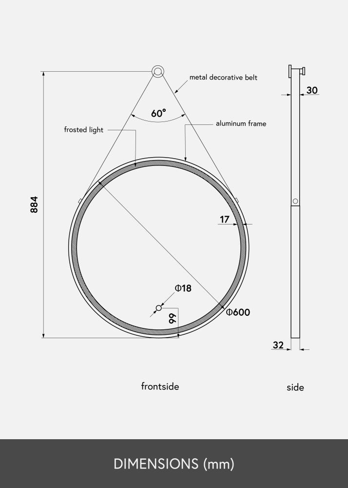 KAILA Veidrodis Belt LED Auksas 60 cm Ø