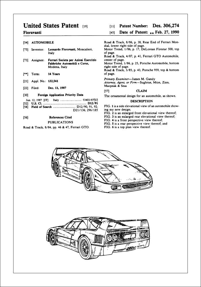 Patentinis brėžinys - Ferrari F40 viduje Įrašai