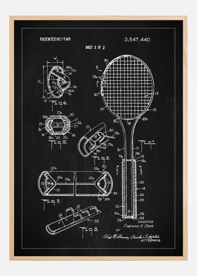 Patent Print - Tennis Racket - Black Įrašai